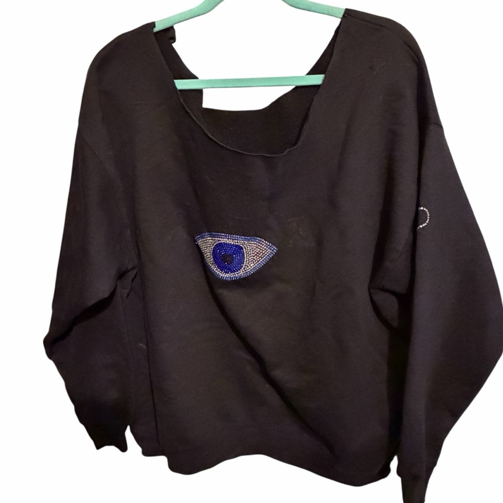 Oversized  XXL evil eye off shoulder sweatshirt Rhinestone embellished DIY